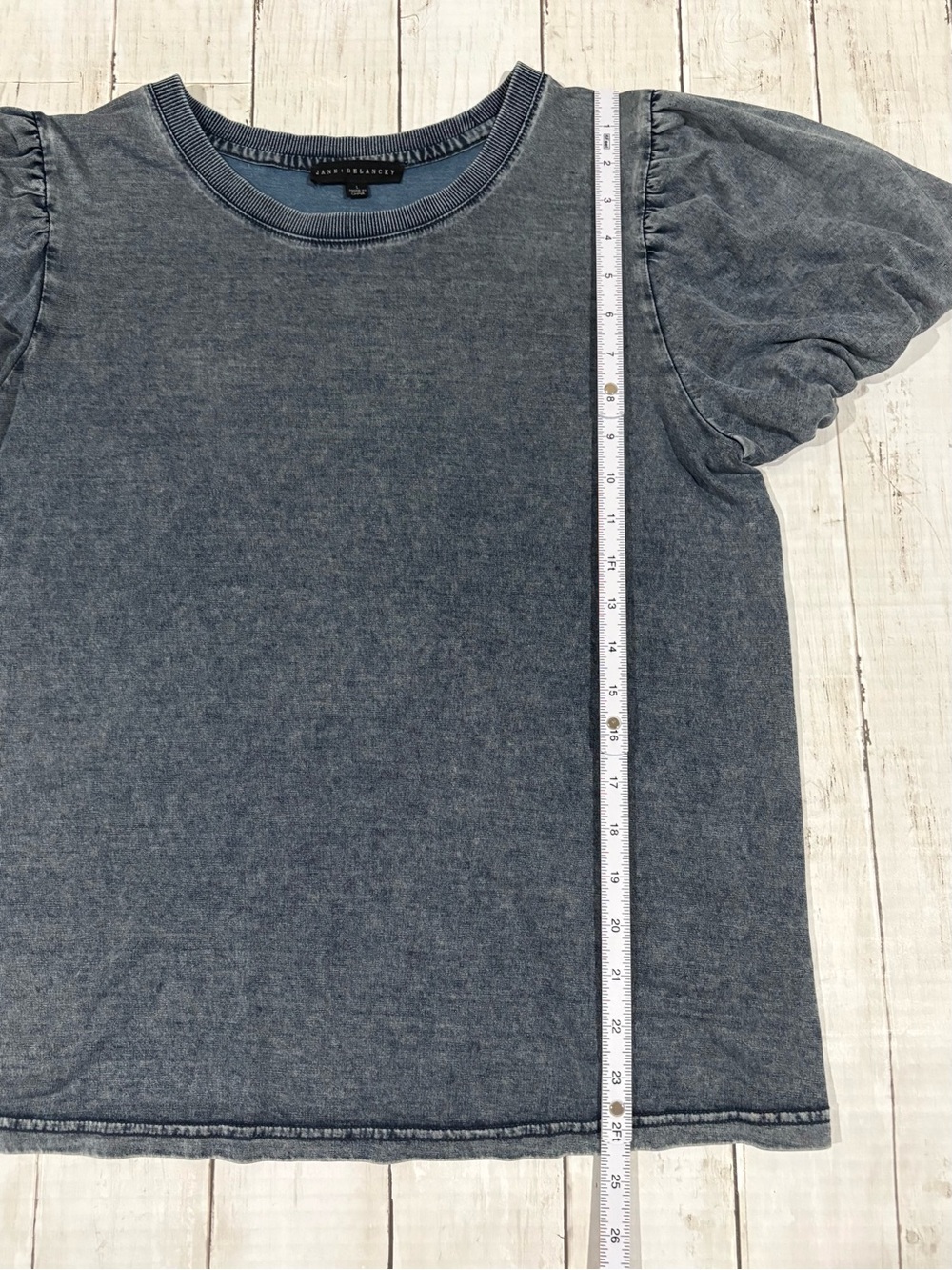 Mineral Wash Puff Sleeve Tee Crew Neck Blue Gray Large - Picture 10 of 11